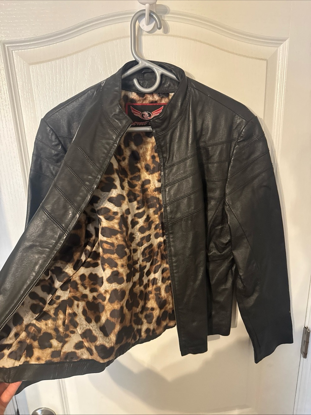 Street Legal Genuine Leather Moto Jacket Womens Large L Black Leopard Lined Y2K